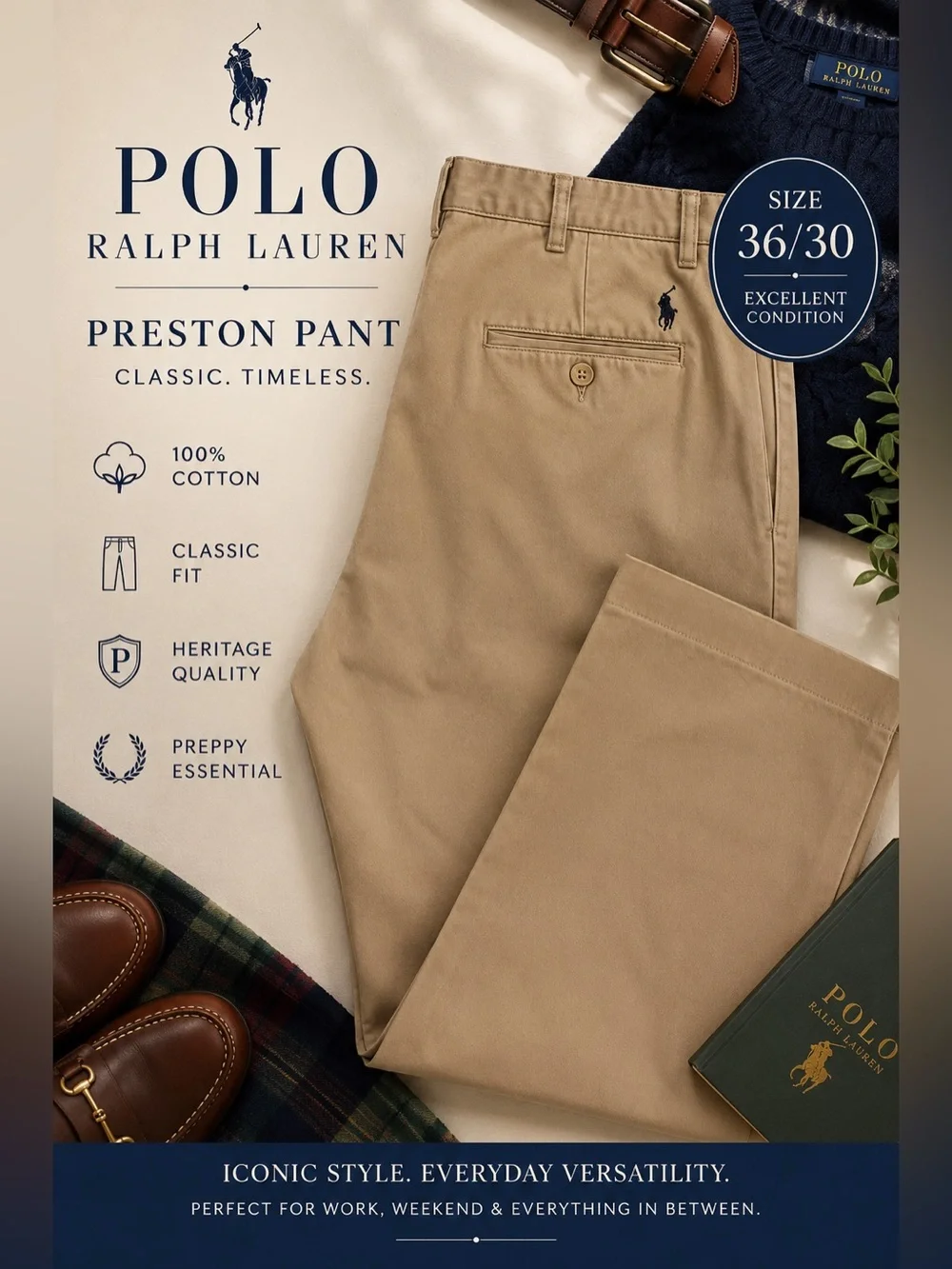 Polo Ralph Lauren Preston Men’s Chino Pants 36x30 Khaki Tan Classic Preppy
